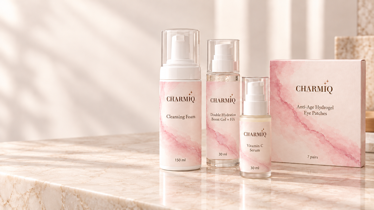 Charmiq skincare selection on pink marble: cleansing foam, hydration gel, vitamin C serum and eye patches
